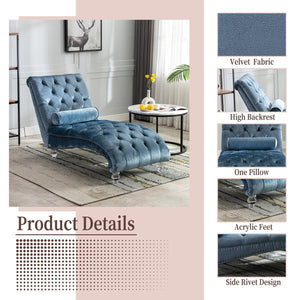 English Elm Velvet Curved Chaise Lounge Sofa with Button-Tufted Upholstery, Plush Foam Seat and Acrylic Legs Light Blue W39538684