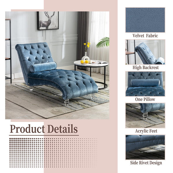 English Elm Velvet Curved Chaise Lounge Sofa with Button-Tufted Upholstery, Plush Foam Seat and Acrylic Legs Light Blue W39538684