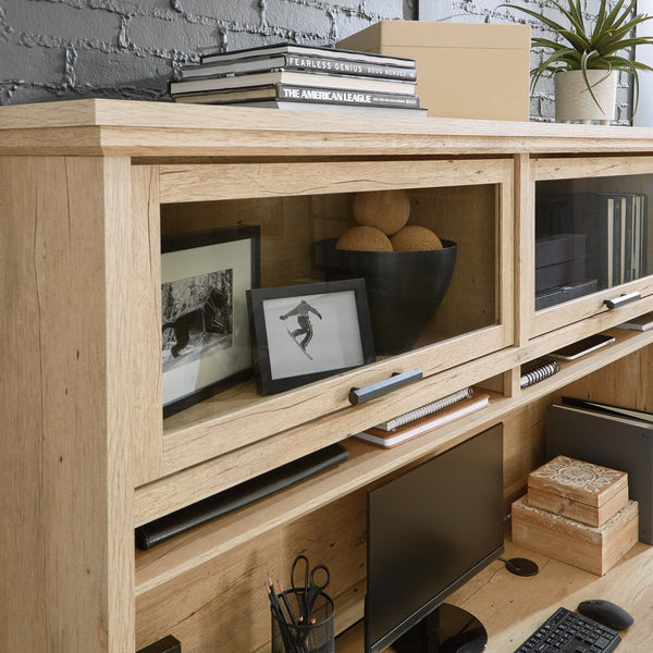 English Elm Hutch, Contemporary Brown Finish With Tempered Glass Doors For Stylish Storage And Display Solutions B356P367798