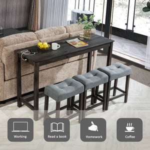 English Elm 4 Piece Bar Table Set with Power USB Type-C Outlet, Dark Gray Rustic Wood Grain Top, 3 Padded Stools for Living Room Dining Comfortable Seating and Durable Rubberwood Legs W1998P193827