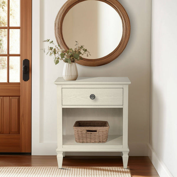 English Elm Victoria Aged Oak Nightstand with Solid Wood Legs, Wire-Brushed Veneer, Drawer & Open Shelf Cream 27.25 L x 22.75 W x 27.25 H B035P341167