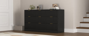 English Elm Black Nine Drawer Wide Dresser Matte Wood Chest with Wavy Relief Panels Bedroom Storage Black W409P307541