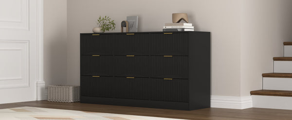 English Elm Black Nine Drawer Wide Dresser Matte Wood Chest with Wavy Relief Panels Bedroom Storage Black W409P307541