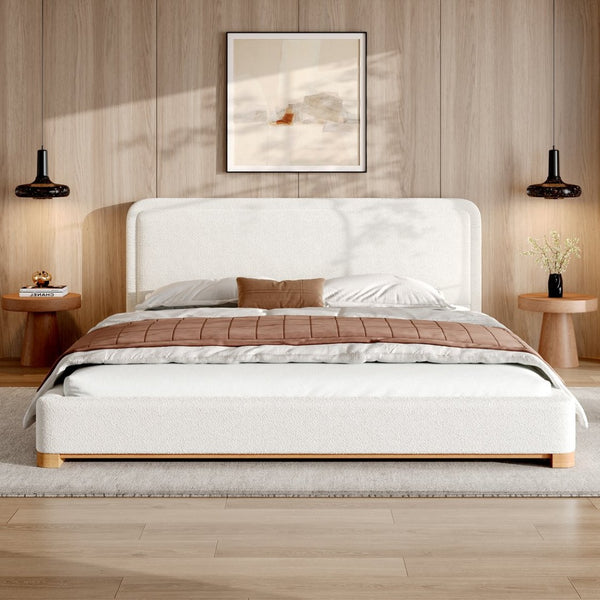 English Elm California King Boucle Upholstered Bed Curved Sculptural Headboard Rubberwood Base N757C399195W