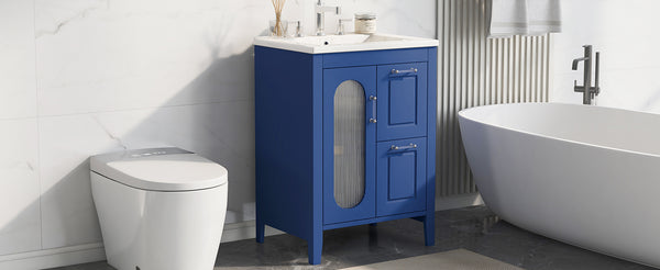 English Elm 24" Modern Bathroom Vanity with Ceramic Sink, Solid Wood & MDF Cabinet, Two Drawers, Shelf Blue N725P245273C