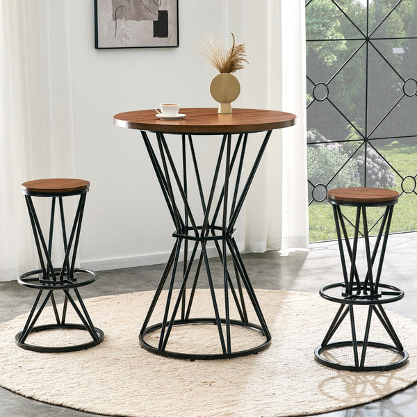 English Elm Single Package Industrial Bar Set Round Mdf Top with Metal Frame Seats 2 for Kitchen Walnut+Black W1151P434792