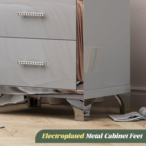 English Elm High Gloss Mirrored 2 Drawer Nightstand Slim Metal Legs Modern Bedroom Side Table Grey W5271P416536