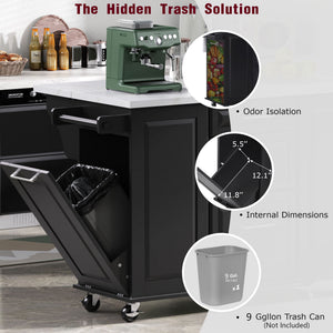 English Elm K&K Vintage Convex Kitchen Island Cart with Faux Marble Top, Tilt Trash, Pull-Out Organizer, Wheels Black N707P299008B