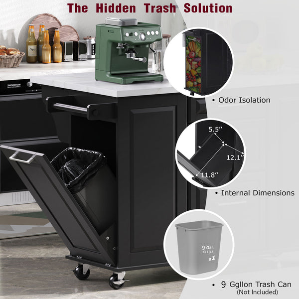 English Elm K&K Vintage Convex Kitchen Island Cart with Faux Marble Top, Tilt Trash, Pull-Out Organizer, Wheels Black N707P299008B