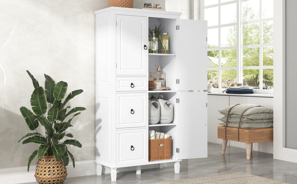 English Elm Retro Multi-Functional Storage Cabinet with Adjustable Shelves, 3 Drawers & Doors, Stylish White Organizer for Living Room Bathroom Kitchen Office - Elegant, Space-Saving Design N725P236498K