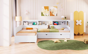 English Elm Wood Twin L-shaped Platform Bed Trundle Shelves Charging Station Kids Room White N7090001045K-1
