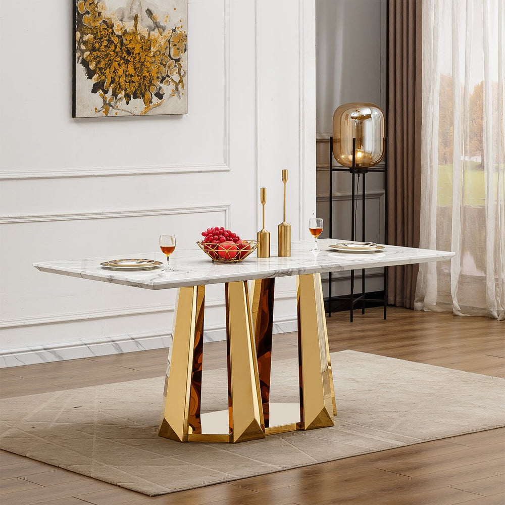 English Elm Marble Dining Table For 6-8, 70'' Rectangle Faux Marble Design With Elegant Gold Stainless Steel Base W3456S00011