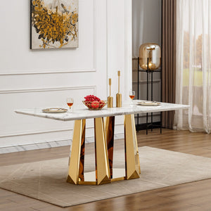 English Elm Marble Dining Table For 6-8, 70'' Rectangle Faux Marble Design With Elegant Gold Stainless Steel Base W3456S00011
