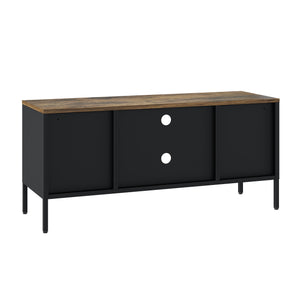 English Elm Landen 47" Metal Storage Cabinet with Wood Top and Cable Management — Sleek Industrial TV Console, Adjustable Legs Black B365P397848