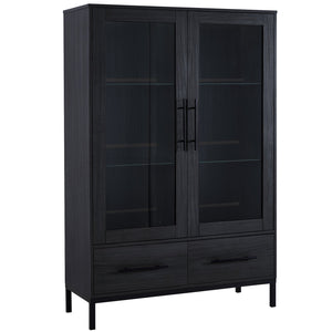 English Elm 60'' Tall Display Cabinet with LED Lighting, Tempered Glass Doors, 4 Adjustable Shelves & Drawers Black N845P261801B