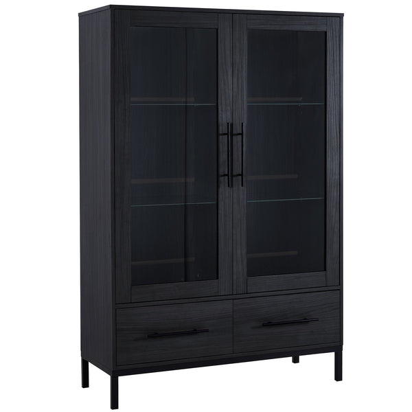 English Elm 60'' Tall Display Cabinet with LED Lighting, Tempered Glass Doors, 4 Adjustable Shelves & Drawers Black N845P261801B