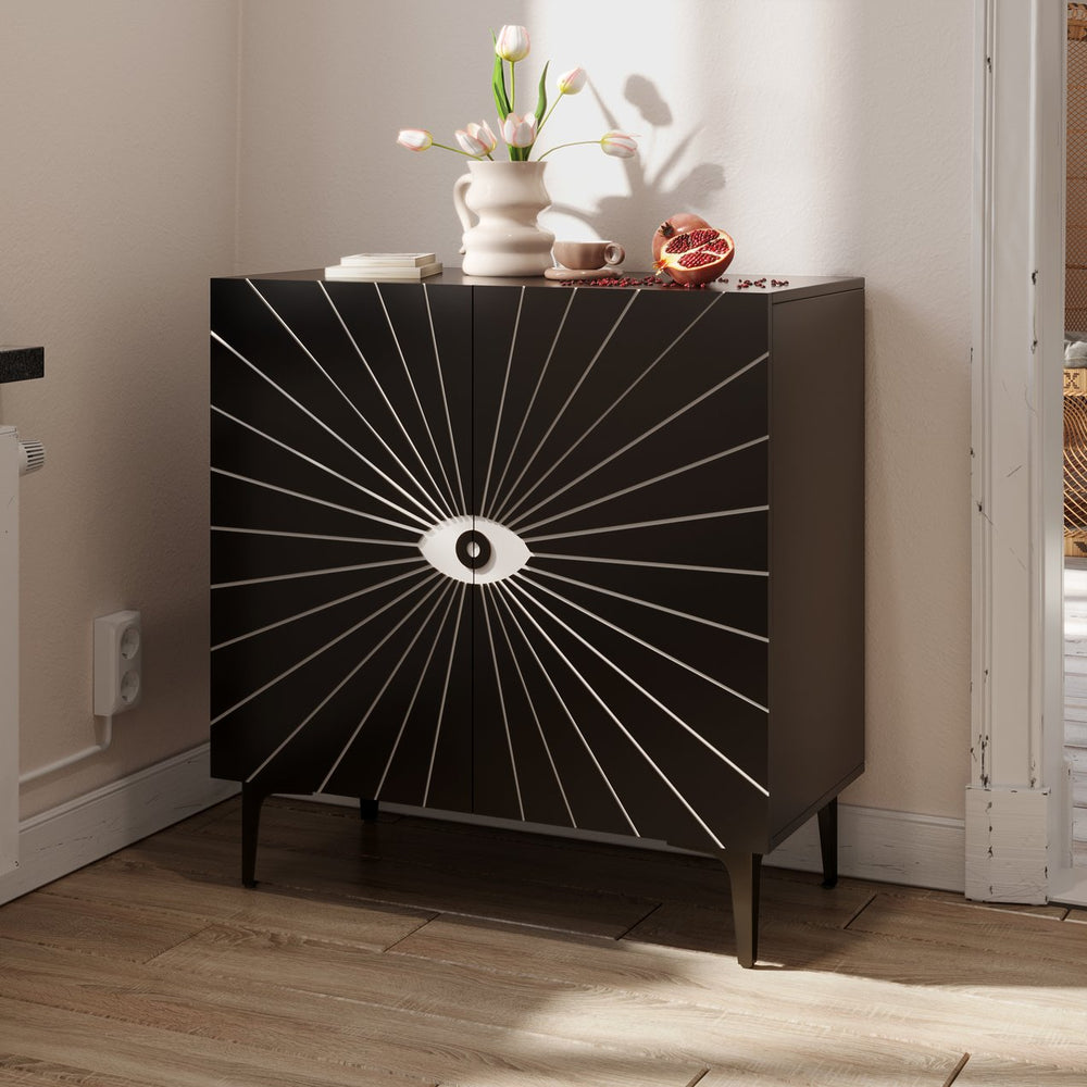 English Elm Modern Eye Pattern Accent Cabinet - 2-Door Black & White Storage with Adjustable Shelves, Mid-Century Flair and 120lb Capacity T3833P366564