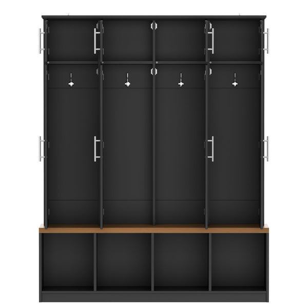 English Elm Wood Entryway Hall Tree with Bench Seating Coat Hooks Shoe Cubbies Cabinet Black W5271S00003