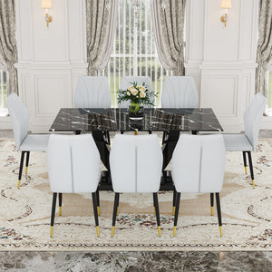 English Elm Black Marble Pattern Tempered Glass Dining Set - 71"X35.4" With 8 Light Gray Pu Chairs With A Widened Backrest Design.