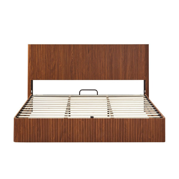 English Elm King Platform Storage Bed Walnut Hydraulic Lift Corrugated Wood Headboard Frame W1820S00060