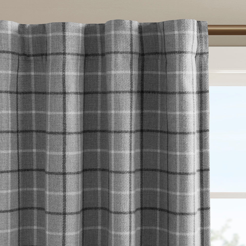 JLA Home Madison Park - Plaid Insulated Rod Pocket & Back Tab Curtain Panel with Fleece Backing for Cozy Thermal Privacy Grey MP40-8275