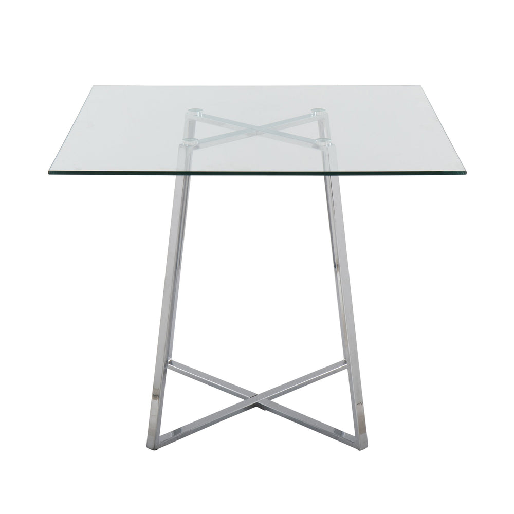 English Elm Cosmo Square Dining Table With Clear Glass Top & Chrome Base – Modern Elegance For 4 Guests B202S01114
