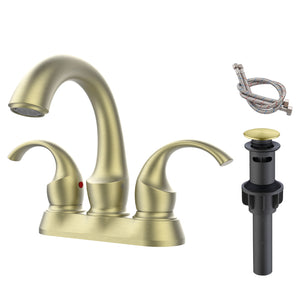 English Elm Bathroom Faucet 2-Handle Brushed Gold Swan Style - Modern Centerset Sink Fixture With Drain & Hoses T3177P277484
