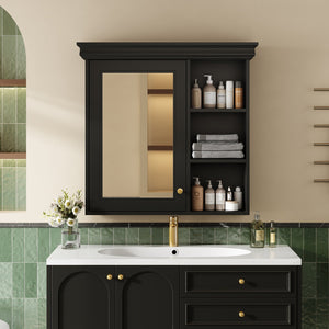 English Elm 30'' Wall-Mounted Medicine Cabinet with Mirror and Adjustable Shelves, Modern MDF Storage Organizer Black N710P209425B