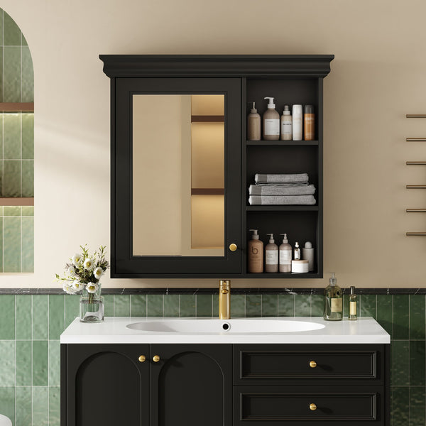English Elm 30'' Wall-Mounted Medicine Cabinet with Mirror and Adjustable Shelves, Modern MDF Storage Organizer Black N710P209425B