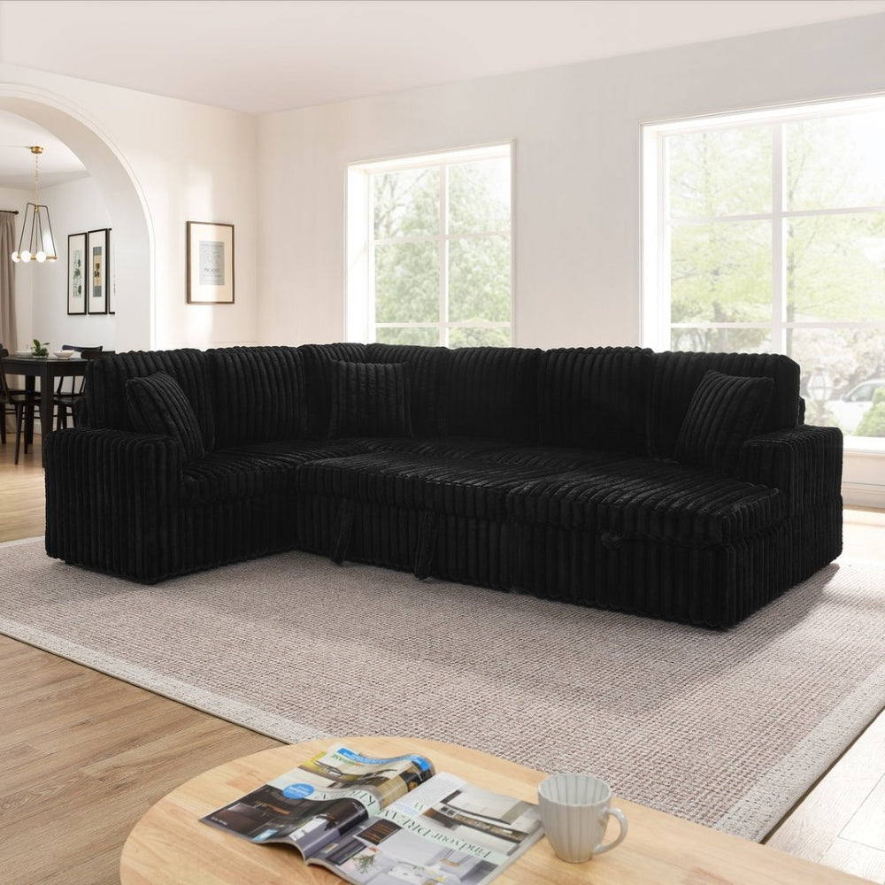 English Elm Corduroy Ribbed U-shaped Sectional Sofa with Pull Out Sleeper and Hidden Storage Chaise Black W487S00412