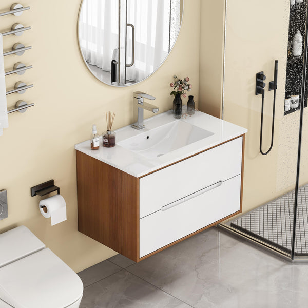 English Elm 32-Inch Wall-Mounted Bathroom Vanity With Sink Combo, Soft-Close Drawers, Modern Walnut Finish W3151S00049