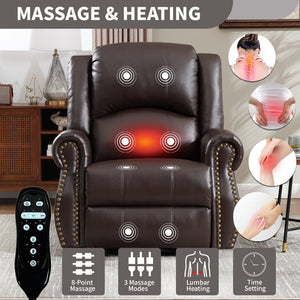 English Elm Heat Massage Rocker Swivel Recliner Chair with Lumbar Relief Nodes for Living Room Brown W3224S00031