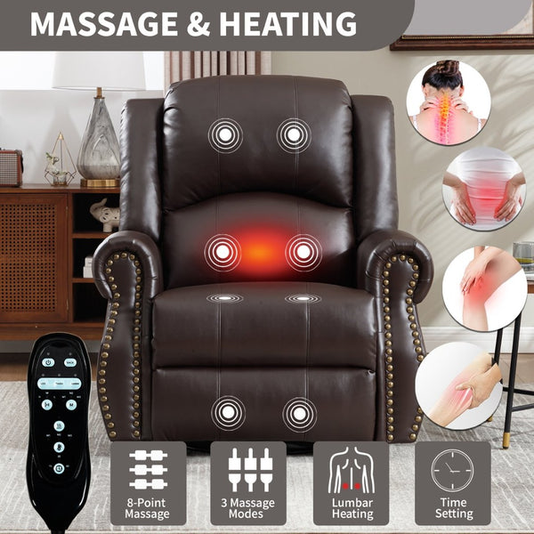 English Elm Heat Massage Rocker Swivel Recliner Chair with Lumbar Relief Nodes for Living Room Brown W3224S00031