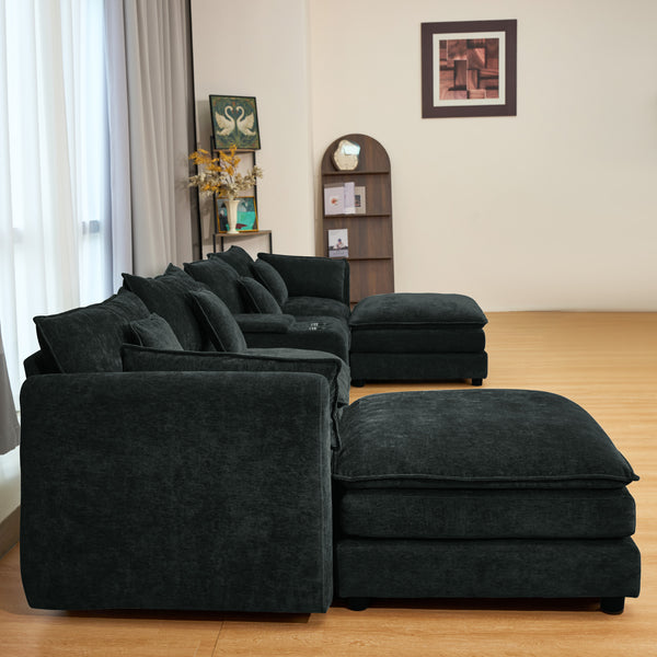 English Elm U Shaped Sectional Cloud Couch for Living Room 144" Plush Modular Sofa with Ottoman Storage Console Cupholders Black W3276S00011