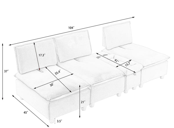 English Elm 104-inch pumpkin flannel three-seater sofa with storage cabinet, cup holders, adjustable backrest, comfy modern design Light Brown W1658S00095
