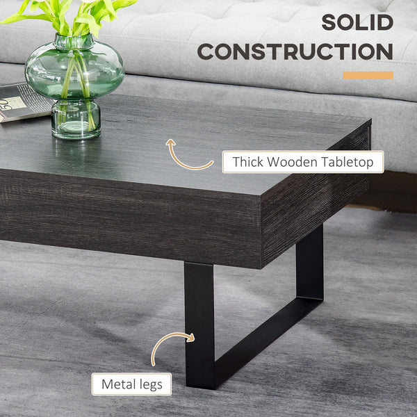 English Elm HOMCOM Rustic Mid-Century Coffee Table with Large Drawer, Wood Grain Top & Metal Sled Legs, Dark Gray W2225P249726