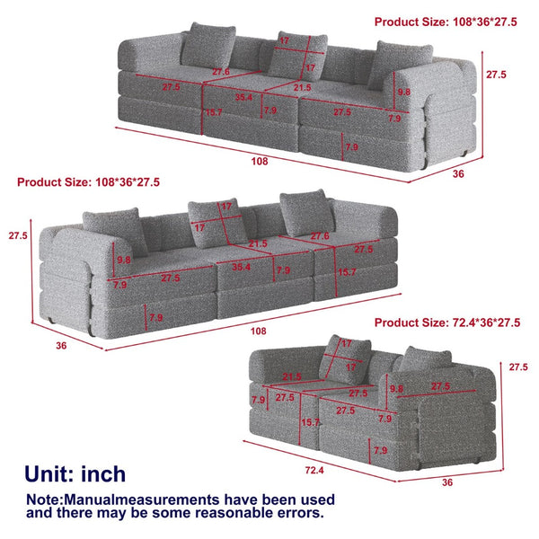English Elm 8-seater Chenille Modular Floor Sofa Bed with Storage Pockets for Bedroom or Study W3505S00008