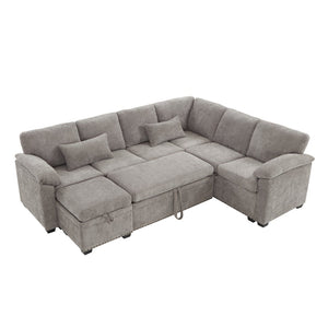 English Elm 97 Inch L-shaped Chenille Sectional Sofa with Sleeper Storage Ottoman 7 Seats Grey W1669S00018