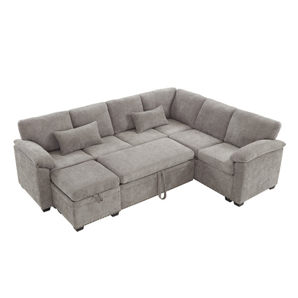 English Elm 97 Inch L-shaped Chenille Sectional Sofa with Sleeper Storage Ottoman 7 Seats Grey W1669S00018