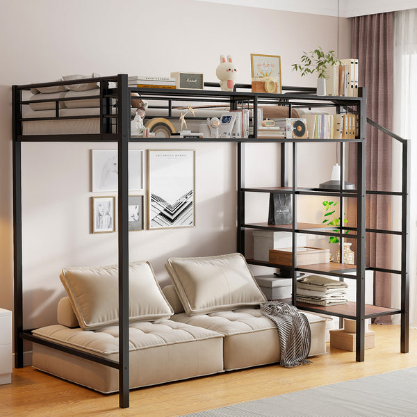 English Elm Twin Metal Loft Bed with Upper Grid Storage Shelf and 4-Layer Ladder Shelves for Space Saving Black SF100081AAB