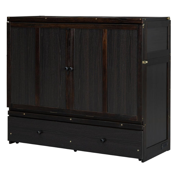 English Elm Full Size Wall Murphy Bed Cabinet with Storage Drawer and Built-in Usb Charging Espresso N708P205903P