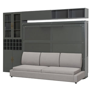English Elm Queen Murphy Wall Bed Sofa with Open Shelving Usb Charging and Integrated Studio Lighting Gray LP100764AAE