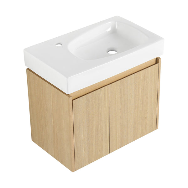 English Elm 24 Inch Bathroom Vanity Floating Ceramic Basin Sink Combo with Double-Door Wall-Mounted Storage Cabinet Durable Engineered Wood Modern Design Oak W1972P190341