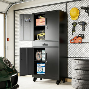 English Elm Metal Rolling Garage Cabinet with Pegboard Door Drawer Locking Storage and Adjustable Shelves T2398P465998