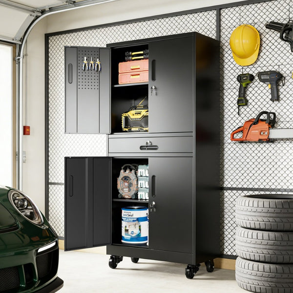 English Elm Metal Rolling Garage Cabinet with Pegboard Door Drawer Locking Storage and Adjustable Shelves T2398P465998