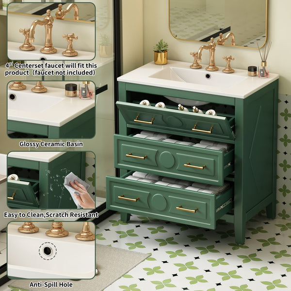 English Elm 30'' Bathroom Vanity with Ceramic Sink, Solid Wood Frame Retro Style Vanity with 3 Drawers & Gold Handles Green N710P246209F