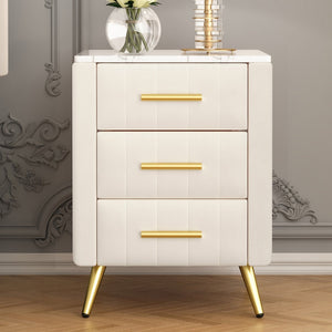 English Elm Upholstered Velvet Nightstand with Faux Marble Top Three Drawers and Slim Metal Legs Beige N733P208520A