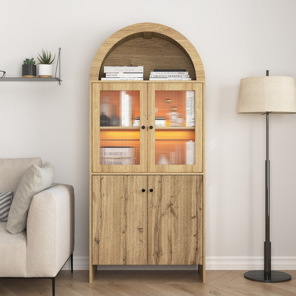 English Elm Natural Wood Grain Mdf Dome Cabinet with Led Lighting for Snack and Beverage Storage W3226P279091