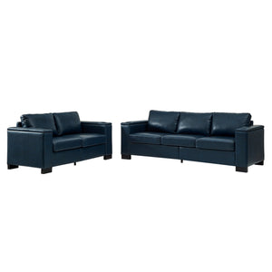 English Elm Two Two-Piece 5-Seater Sofa Set with Cup Holder & Storage, Polyester Upholstery, Solid Wood Frame, Coil Spring Seats, Removable Covers, Modern Square Arm Design for Living Room Comfort and Durability Navy Blue W1097S00204