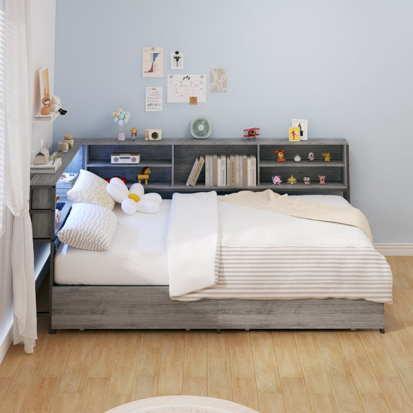 English Elm Twin Corner Daybed with Bookcase Headboard Led Lighting and Usb Charging Ports W3107P396518